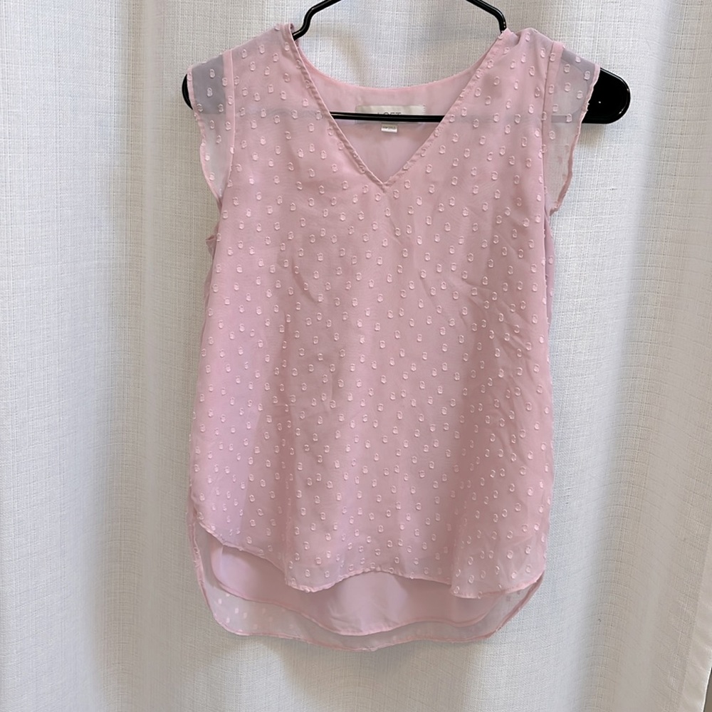 LOFT XXSP Pink polka-dot textured business casual shirt